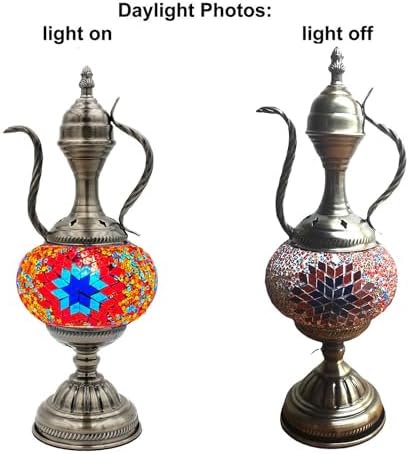 SILVERFEVER Handcrafted Mosaic Turkish Lamp Moroccan Glass Table Desk Bedside Light Bronze Base with E12 Bulb Bright Red Blue Starburst