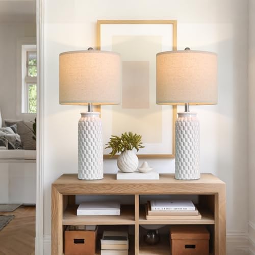 USumkky 27" Ceramic Table Lamps Set of 2 - Modern Farmhouse & Boho Style, Bedside Nightstand Lamps for Bedroom, Living Room End Table Lamps, Small Desk Lamp(White)
