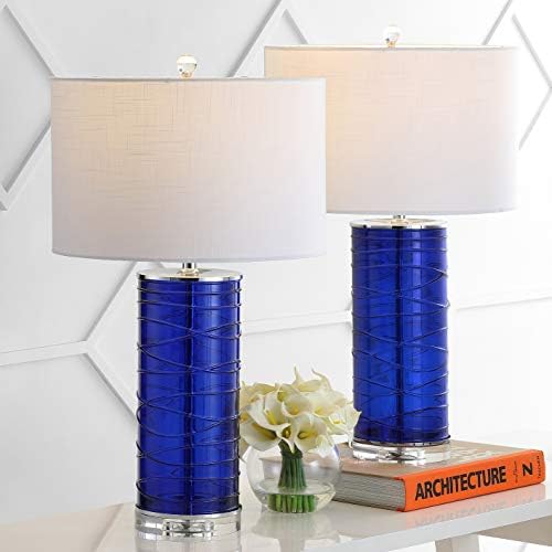 JONATHAN Y Cole 27.5" Fused Glass Table Lamp, Cobalt, Set of 2