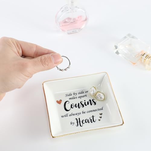HOME SMILE Cousin Gifts Mother's Day,Ceramic Ring Jewelry Dish Tray Plate for Birthday Graduation Christmas Wedding,Sise by Side or Miles Away,Cousins will AwaysConnected by Heart