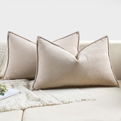 Beige Chenille Lumbar Pillow Covers 12x20 Inch Set of 2