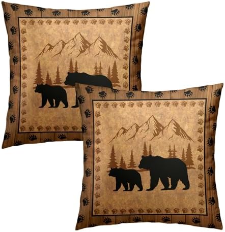 Bear Throw Pillow Covers 16x16 Inch Set of 2 Retro Brown Mountain Decorative Pillowcase Rustic Cabin Bear Hunting Animal Paw Prints Decorative Cotton Cushion Case for Home Sofa Bedroom
