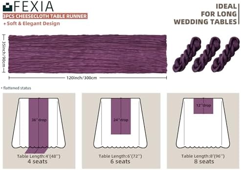 FEXIA 3Pcs Purple Cheesecloth Table Runner Wedding Bridal Shower Home Decor