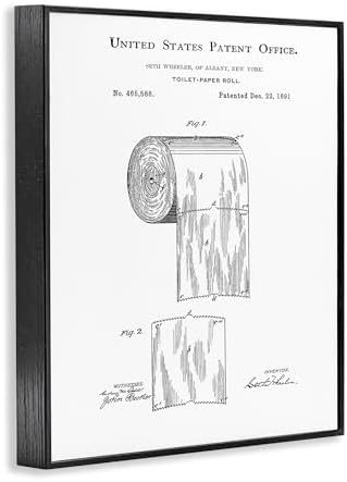 Stupell Industries 'Toilet Paper Roll Vintage Patent Minimal Black White', Framed Giclee Art, Black, 24 x 30 Inches, Easy to Hang and Sturdy, Made in USA, by Studio W