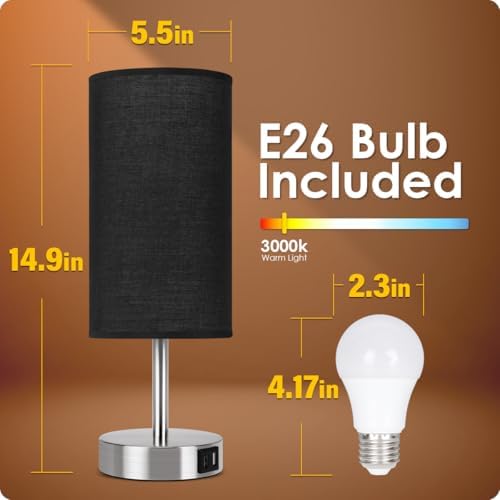 Bedside Lamp with USB Port - Touch Control Table Lamp for Bedroom Wood 3 Way Dimmable Nightstand Lamp with Round Black Shade for Living Room, Dorm, Home Office (LED Bulb Included) (Blacl2)