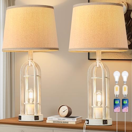 SRJJA Farmhouse Table Lamps for Living Room Set of 2 - Rustic Industrial Bedside Lamps for Bedroom Nightstand with Nightlight and USB A+C, 4 Bulbs Included