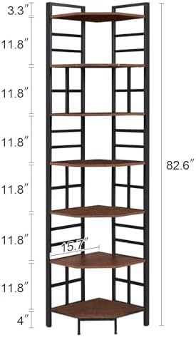 HOMISSUE Corner Shelf, 7 Tier Tall Narrow Bookshelf 82.6", Industrial Corner Bookcase with Storage for Home Office Living Room and Bedroom, Brown