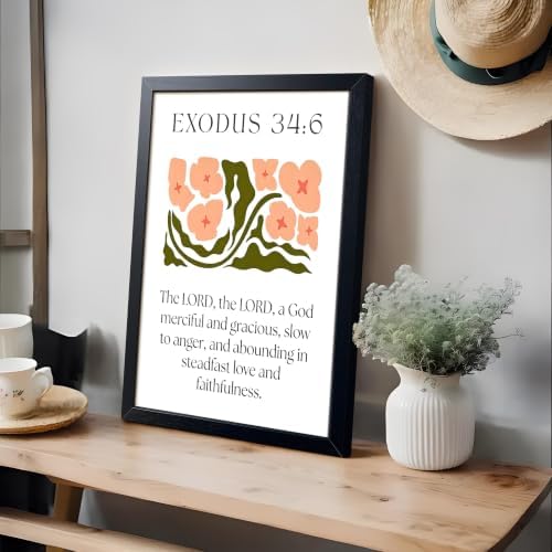 Framed Exodus 34:6 Bible Verse Wall Art, Christian Floral Canvas Wall Decor Painting, Boho Floral Religious Inspirational Scripture Print Poster Picture for Living Room Bedroom Prayer Home Decor 16x24 Inch