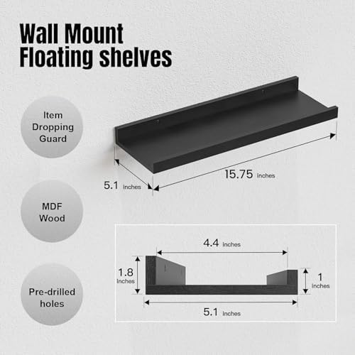 RICHER HOUSE 8-Set Floating Shelves with Lip, Black Wall Mounted Wood Shelf