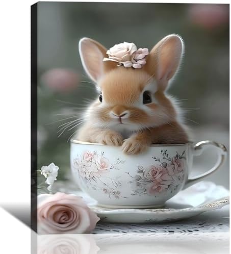 Large Bunny in a Teacup Easter Framed Canvas Wall Art, Rabbit Pictures Prints for Kitchen, Bright Spring Canvas Art & Holiday Home Office Wall Decoration, Ready to Hang, 20x30