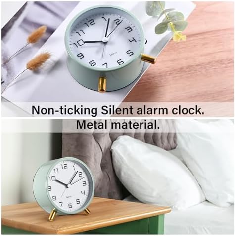 Tetino Analog Alarm Clocks,Retro Metal Desk Silent Non Ticking Small Clock with Night Light,Battery Operated,Simple Design,for Bedrooms, Bedside,Office,Home Décor (White)