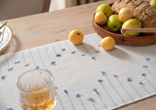 Boho Table Runner 13 x 108 Inch Long Natural Cotton Woven Runner with Tassels for Home Dining Table décor, for Modern Farmhouse Decor Coffee Table Runner, Light Blue and Beige