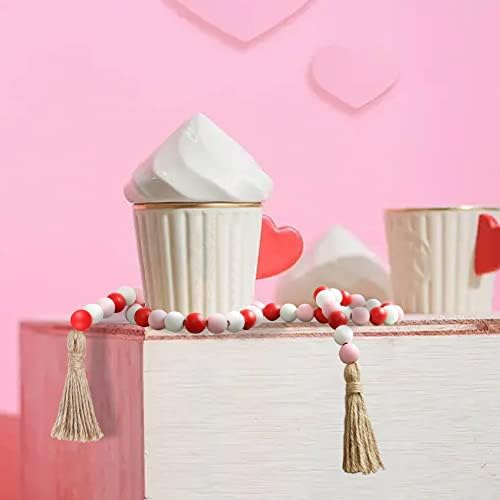 Valentine's Day Wood Bead Garland with Tassel,Rustic Wooden Bead Decor Farmhouse Beads Big Wall Hanging Decor (Pink,39In)