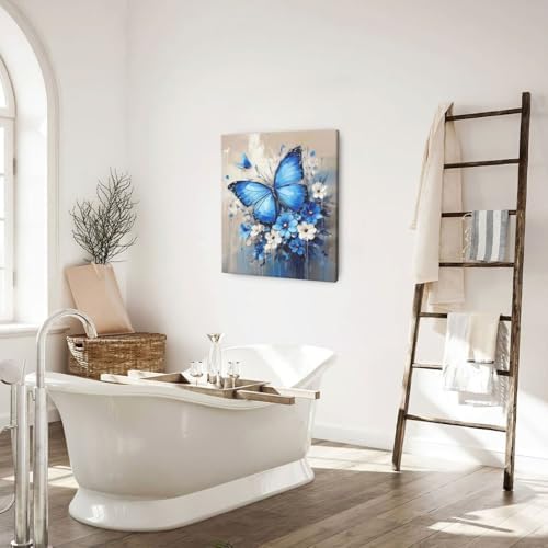 Crekviy Blue Butterfly Flower Wall Art Vintage Butterfly Pictures Wall Decor Canvas Prints Painting Artwork Decoration Girls Gifts for Bathroom Bedroom Living Room Framed 20"x24"