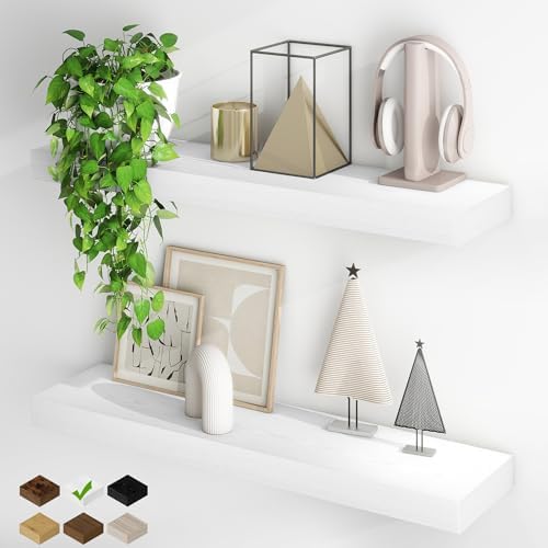 Fun Memories Floating Shelves for Wall, 32Inch Floating Shelves Set of 2, Hanging Shelf with Invisible Brackets, Wood Shelves for Living Room, Bedroom, Kitchen, White