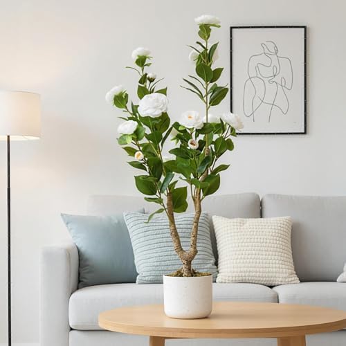 3FT Artificial Camellia Tree in White Planter, 2 Pack Faux Camellia Plant with 16 White Flowers, 36" Faux Flowers Potted Plant Trees for Home and Office Decor