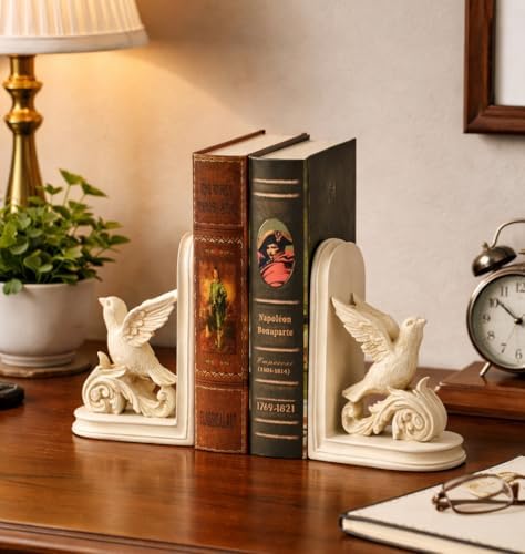 2PCS Vintage Bookends White Resin Decorative Bookends with Bird Bookends for Kids Rooms Decorative Book Ends for Heavy Books (White Bird)