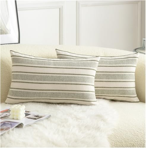 Cethom Decorative Boho Lumbar Throw Pillow Covers, Farmhouse Textured Pillow Case, 12 x 20 Inch Set of 2, Chair Sofa Bedroom Living Room Home Decor Couch Cushion Case, Olive Green and Beige