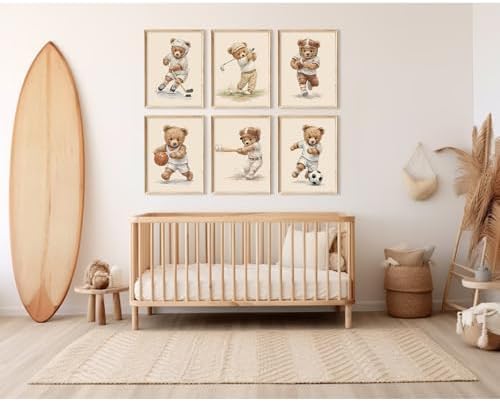 Joocrise Nursery Teddy Bear Wall Decor Boy Room Wall Art Baby Canvas Prints Vintage Sports Decor Pictures Teddy Bear Poster Nursery Painting for Playroom Bedroom 12x16 Inch Unframed Set of 6