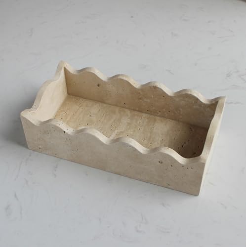 Natural Travertine Guest Towel Holder 9.8" × 4.9" for Bathroom, Rectangular Napkin Holder with Scalloped Edge, Tissue Hand Towel Tray for Dinner Table, Countertop Bathroom Vanity