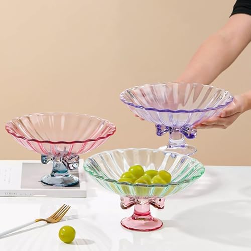 Glass Fruit Bowl. 9 inch Glass Pedestal Bowl. Elegant Bow Decoration Multicolor Salad Plate. Suitable for Fruit, Dessert, Candy, Snack & More. (Green & Pink)