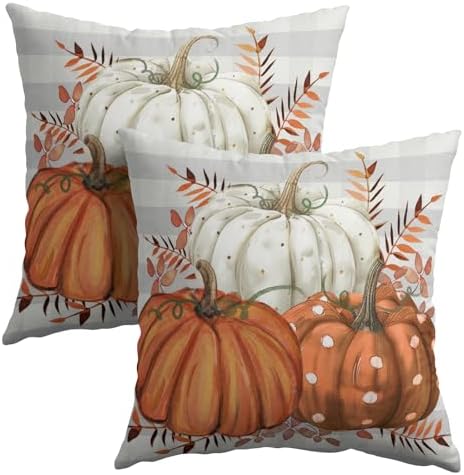 Fall Pumpkins Outdoor Pillows 18x18 Inch Set of 2 Autumn Harvest Pumpkin Pillowcase Buffalo Plaid Maple Leaves Decorative Throw Cushion Cover for Thanksgiving Seasonal Home Couch Porch Patio Decor