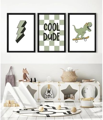 Nursery Dinosaur Wall Art Prints Set of 3 Boys Room Canvas Wall Decor Toddler Kids Prints Dinosaur Skateboard Pictures Poster Boys Dino Artwork Decor for Bedroom 12x16 Inch Wood Framed