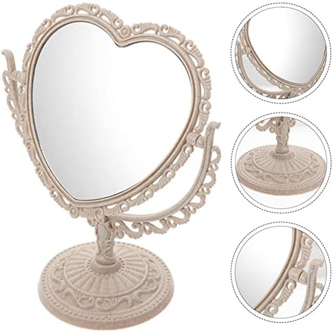 AKOAK Heart-Shaped Cosmetic Mirror - Plastic, Double-Sided, Rotatable, Lightweight Tabletop Makeup Mirror for Bathroom & Bedroom (Beige)