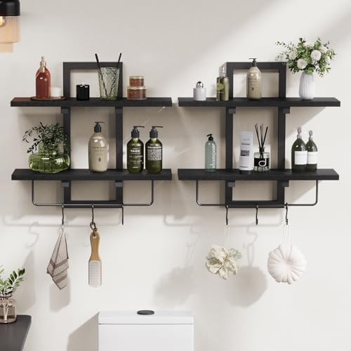 Creso hom Wood Floating Shelf with 6 Hooks, 15" Bathroom Shelves Set of 2