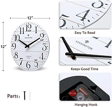 NIKKY HOME Farmhouse White Wall Clock - 12 Inch Quartz Battery Operated Vintage Wooden Decorative Silent Analog Clock for Kitchen, Living Room, Bedroom, Office