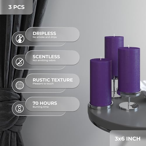 CANDWAX Large Pillar Candles 3x6 Inch – Set of 3 Unscented Dripless Purple Candles, Long Burning Rustic Look for Weddings, Events, Home Decor