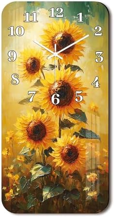 Farmhouse Wall Clock for Bathroom - 12 Inch Yellow Sunflower Wall Clocks Battery Operated - Wooden Vintage Floral Wall Clock Fall Decoration for Home Living Room Bedroom Kitchen Decor