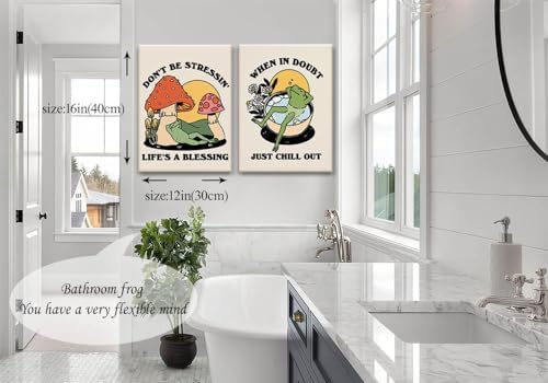 Retro Groovy Frog Mushroom Wall Art 70s Vintage Chill Quote Canvas Prints | Cute Animal Painting Cottagecore Positive Cozy Picture Wall Decor for Bathroom Bedroom Ready to Hang 12x16Inches