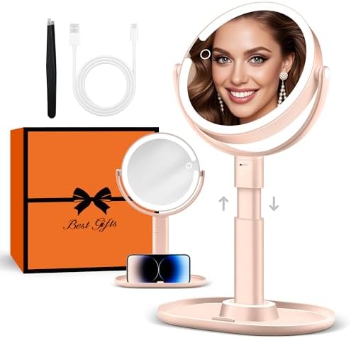 B Beauty Planet Vanity Mirror with Lights, 30X Magnifying Makeup Mirror, 3 Lighting and Adjustable Brightness, Rechargeable 2-Sided Height Adjustable Desk Mirror for Bedroom, Gifts for Women Pink