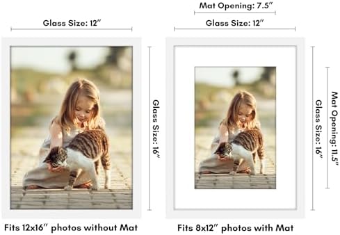 Americanflat 12x16 Picture Frame with Shatter-Resistant Glass - Use as 8x12 Frame with Mat or Display 12x16 Photo Without Mat - Signature Collection - Picture Frames for Wall Display - White