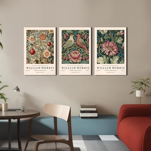 Vintage William Morris Wall Art Natural Peony Flowers Canvas Painting for Living Room Abstract Bird Wildflower Paintings Picture Wall Decor Colorful Floral Poster Prints for Bedroom Decor 16x24 3Pcs