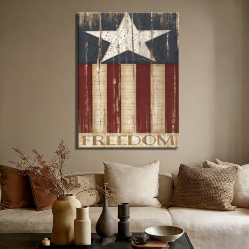 Rustic Patriotic Freedom Flag Canvas Art 12x18in, Vintage American Flag Wall Decor, 4th of July Independence Day Framed Prints, Artwork for Home, Kitchen & Office, Made in USA