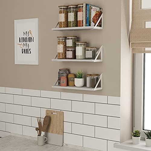 Wallniture Minori Washed White Floating Shelves for Wall Storage, Bathroom Shelves Over The Toilet Storage, Wood Wall Shelf Set of 3 with White Brackets