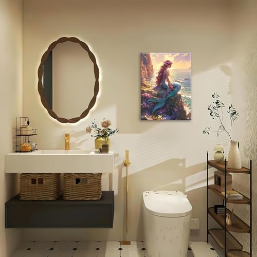 Mermaid Canvas Wall Art Ocean Pictures Mermaid Painting Coastal Prints Modern Artwork for Bathroom Living Room Bedroom Office Framed Wall Decor 20"x24"