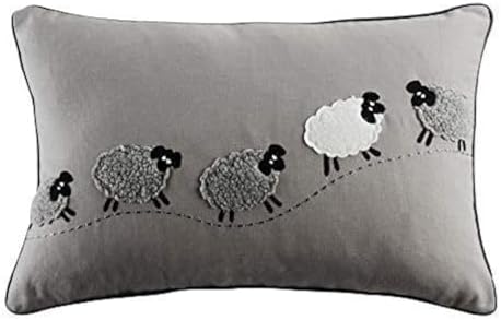 JWH Sheeps Pillow Cover Decorative Animal Embroidery Accent Pillow Case Lumbar Cushion Cotton Pillowcase for Sofa Couch Bed Living Room 12x20 Inch White Gray