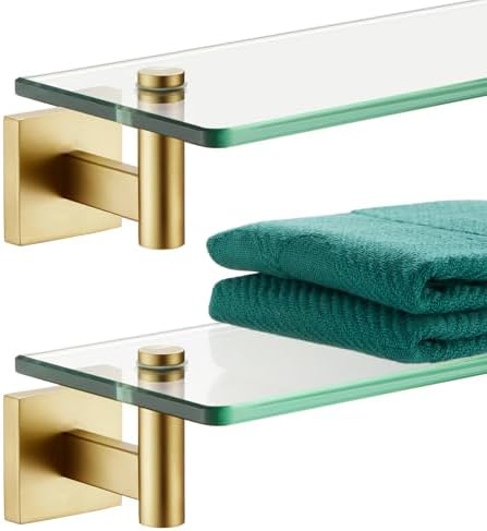 KOKOSIRI Wall Shelves Floating Shelf 20'' Gold Stainless Steel Bathroom Hardware Tempered Glass Hanging Rack Storage/Room Decor 2 Pack B1105BG-L20-P2