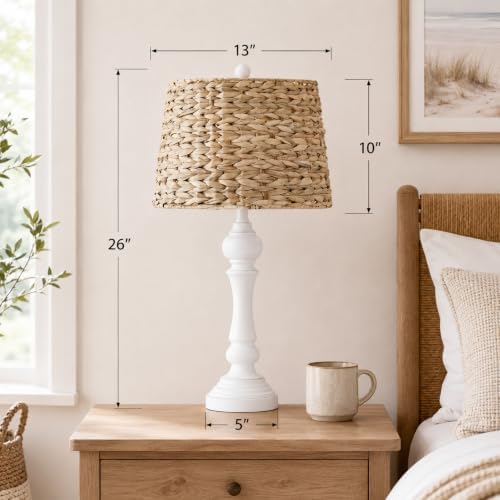 Maxax 26" Boho Rattan Table Lamps Set of 2 for Living Room, Coastal Bedside Lamps with Rattan Shade, Farmhouse Cottage Wicker Lamps, Rustic Resin Nightstand Lamps for Bedroom, White