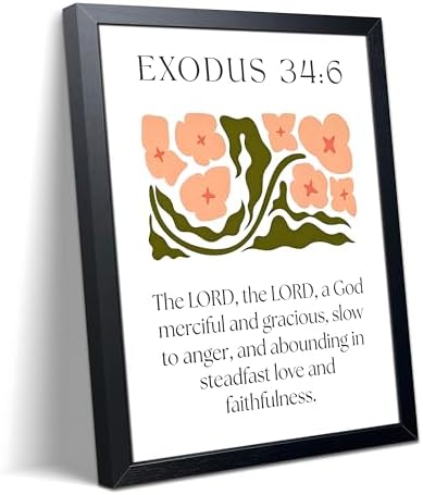 Framed Exodus 34:6 Bible Verse Wall Art, Christian Floral Canvas Wall Decor Painting, Boho Floral Religious Inspirational Scripture Print Poster Picture for Living Room Bedroom Prayer Home Decor 12x16 Inch