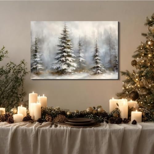 Framed Canvas Wall Art 20x30in, Vintage Snowy Christmas Tree Decor, Pine Tree Pictures for Living Room Decor, Winter Forest Paintings for Bedroom Bathroom, Holiday Decorations Gifts