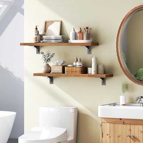 HOOBRO Floating Shelves for Wall, 23.6" Wall Mounted Shelves Set of 2, Hanging Storage Shelf with Metal Brackets, Wooden Shelf for Living Room, Bedroom, Bathroom, Rustic Brown and Black BF62BJP201G1