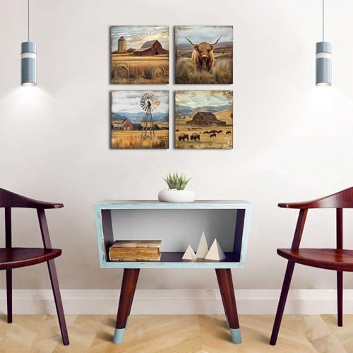 Highland Cow Wall Art Rustic Farmhouse Wall Decor Country Farm Animal Pictures Vintage Barn Windmill Landscape Canvas Prints Painting Modern Artwork for Bedroom Living Room Home Decoration 16x16" 4Pcs
