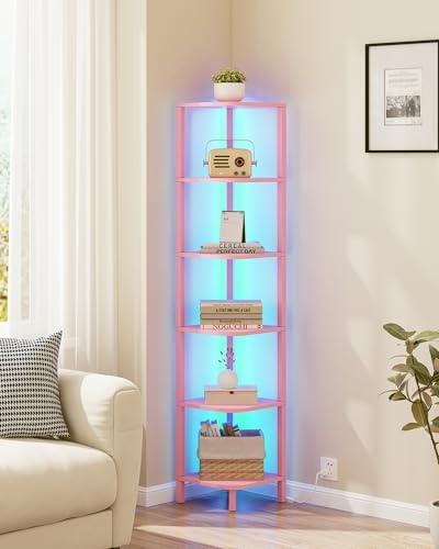TUTOTAK Corner Shelf with LED Light, 6-Tier Corner Bookshelf