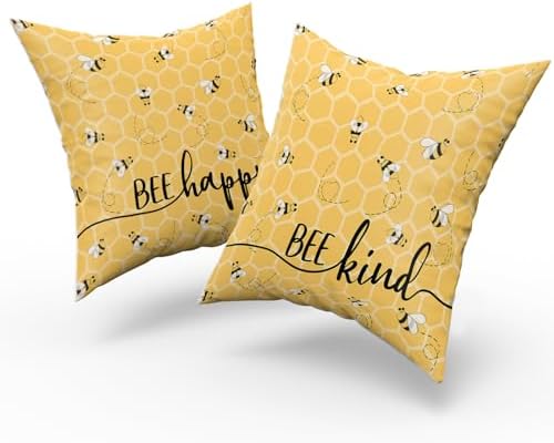 Giwawa Summer Bee Pillow Covers Set of 2, 18"x18" Happy Kind Decorative Square Pillowcases, Yellow Honeycomb Farmhouse Throw Cushion Cover for Sofa Couch Indoor Outdoor Living Room