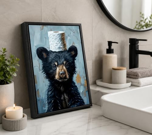 Black Framed Funny Bathroom Bear Canvas Wall Art, Black Bear with Paper Poster Print Artwork, Humor Animal Painting Picture Wall Decor, for Kids Restroom, Cabin, Bathroom, Home Decoration, 8x10in