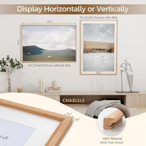 Fun Memories 27x40 Poster Frame, Solid Oak Wood Picture Frames, Modern Photo Frame for Wall 27x40 with 24x36 Mat, High Definition Plexiglass & Wall Hook Included (Beige, 2 Pack)